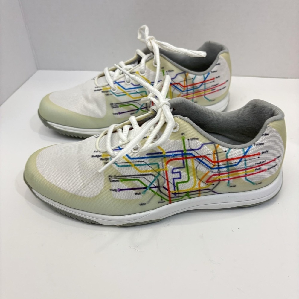 FootJoy SuperFlex Spikeless Golf Shoes Womens‎ 7.5M White Map Print 92913 Retro - Picture 2 of 13